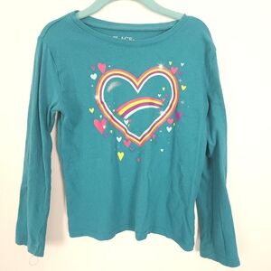 The Childrens Place Girls Teal Rainbow Heart Long Sleeve‎ T Shirt Size 5/6